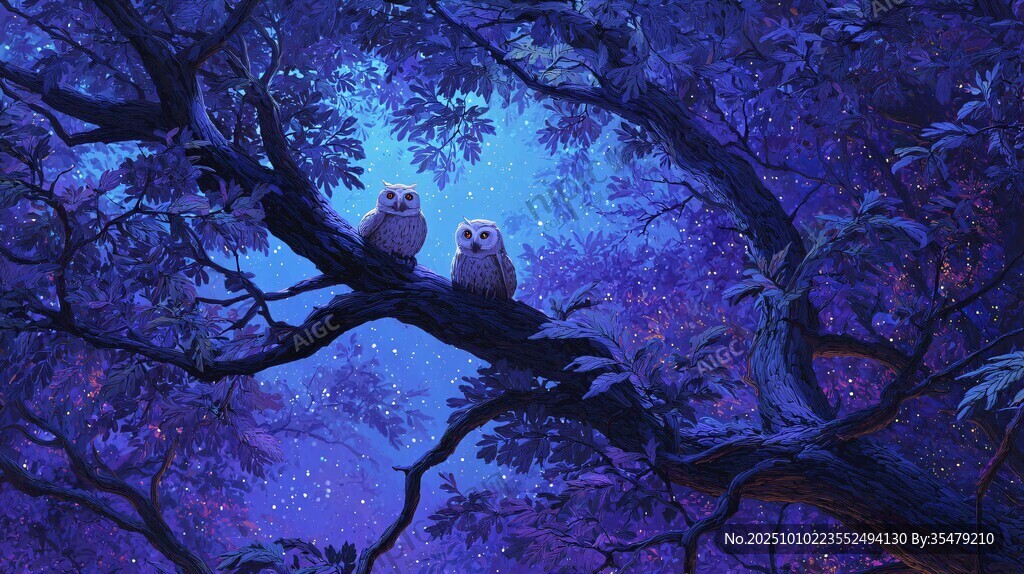 夜林中的雙貓頭鷹夢幻景象