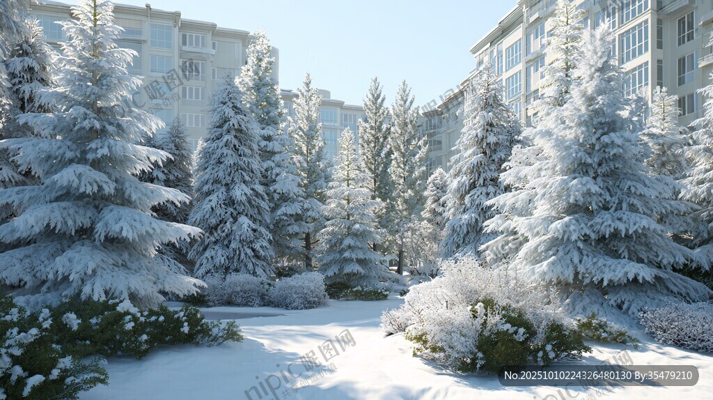 冬日雪覆樹木與樓宇景觀