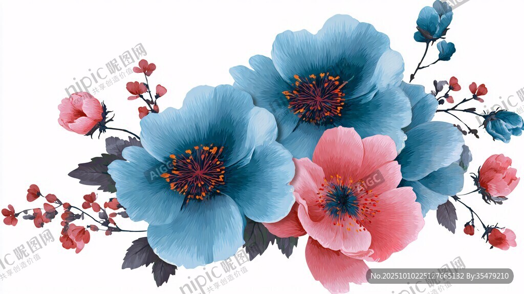 藍(lán)粉花卉組合插畫