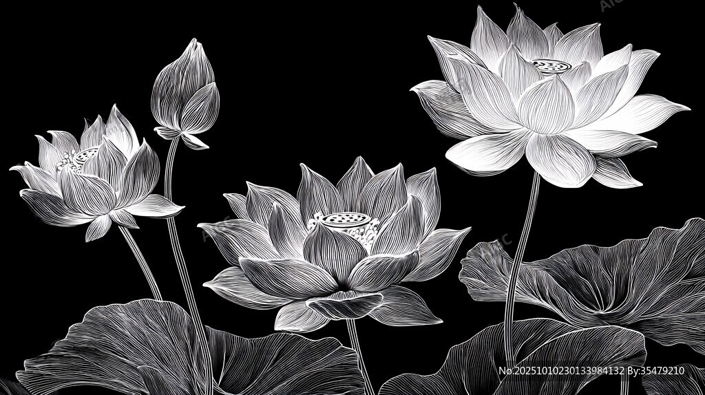 黑白蓮花素描藝術(shù)圖