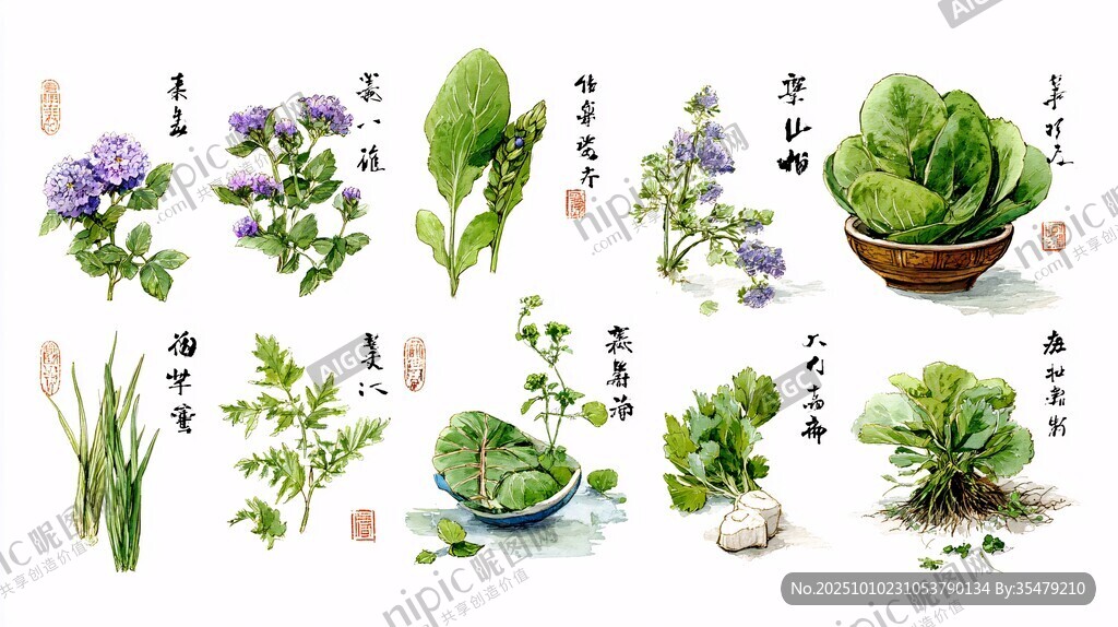 中式水墨風(fēng)蔬菜花卉圖鑒