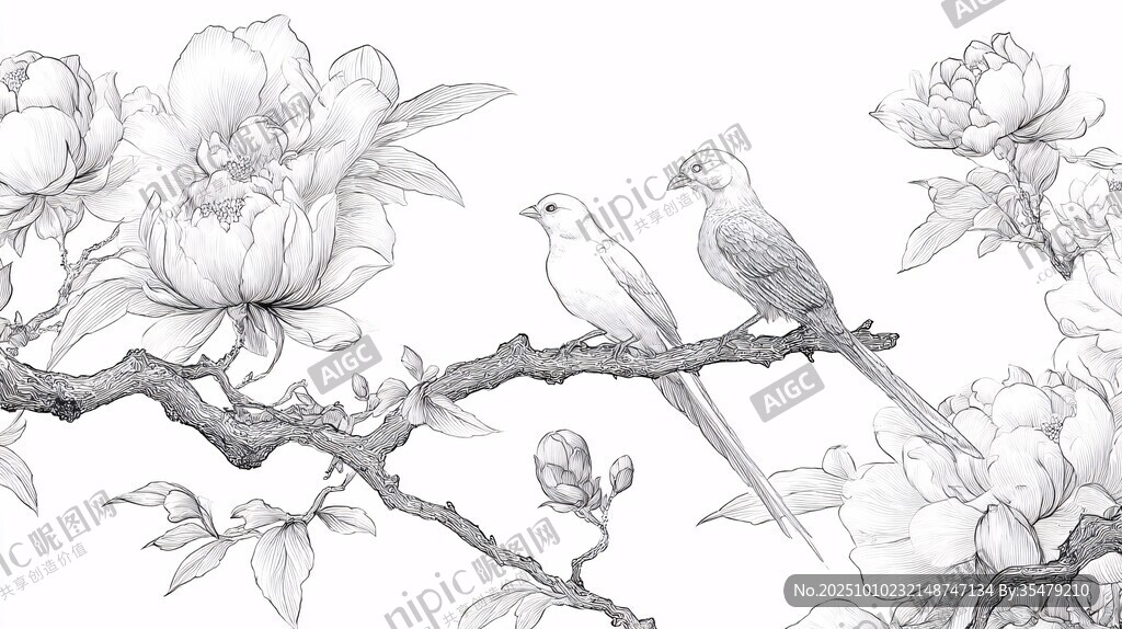 花鳥圖 雙鳥棲于繁花枝頭