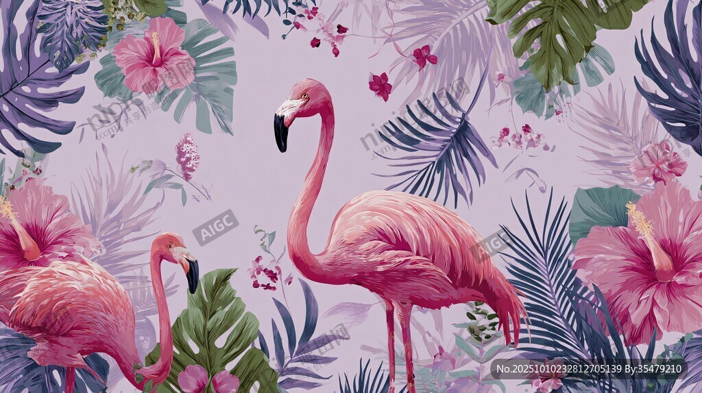 粉色火烈鳥與熱帶花卉圖案