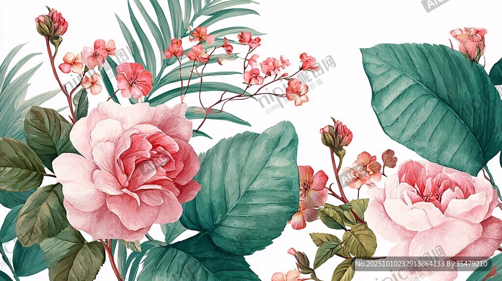 粉色花卉與綠葉插畫(huà)圖案