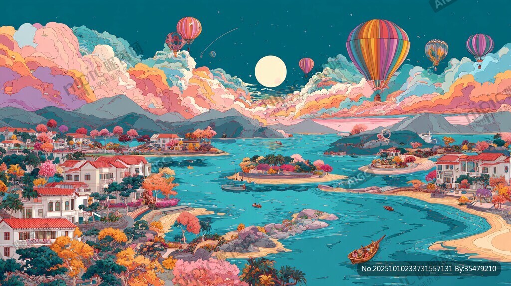 夢幻海濱夜景與繽紛熱氣球