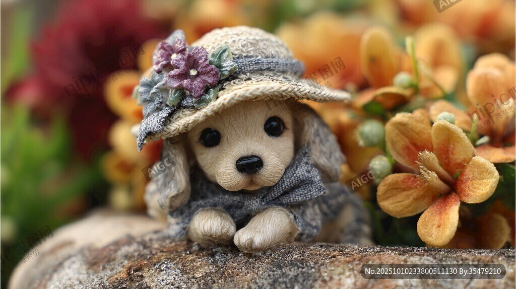 戴帽萌犬?dāng)[件置于花叢中