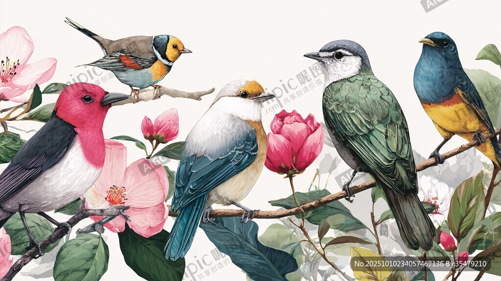 枝頭群鳥伴繁花