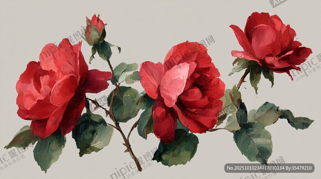 嬌艷紅玫瑰水彩插畫