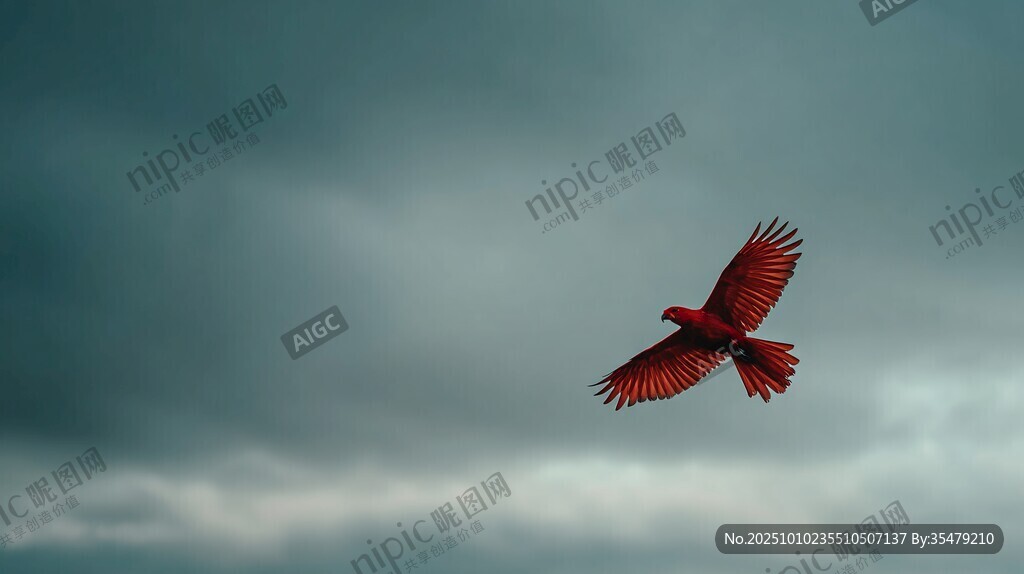 紅鳥翱翔于陰沉天際