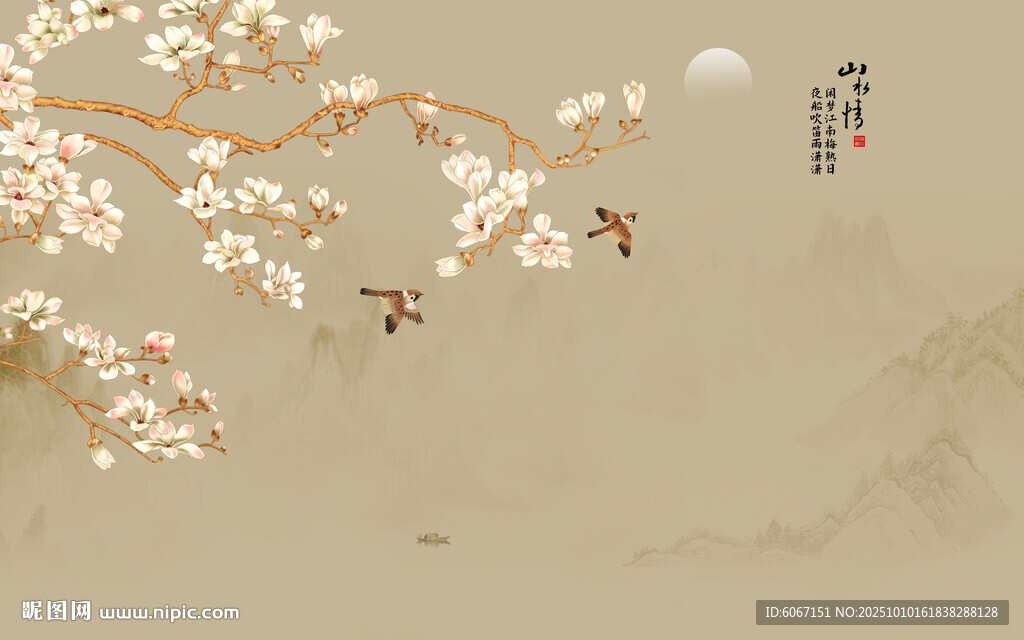 新中式工筆花鳥(niǎo)畫(huà)背景墻