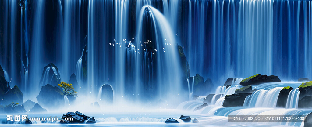 瀑布流水生財(cái)山水畫