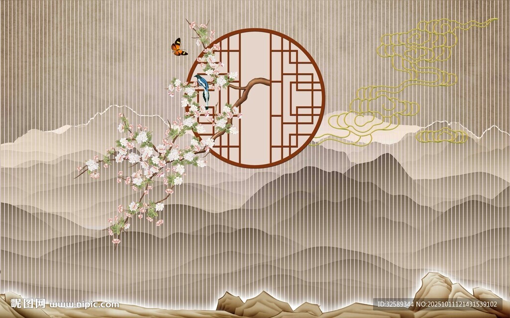 中式山水意境窗景圖