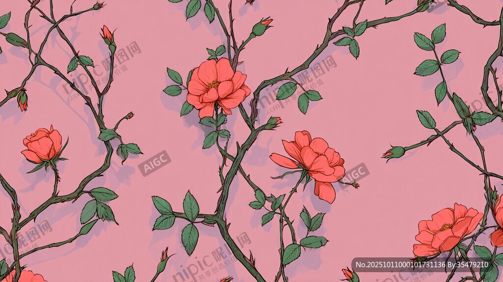 粉色背景上的薔薇花圖案