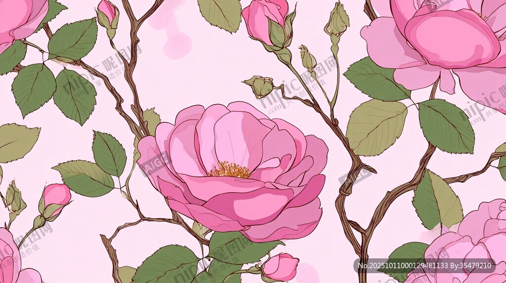 粉色玫瑰花卉無縫圖案