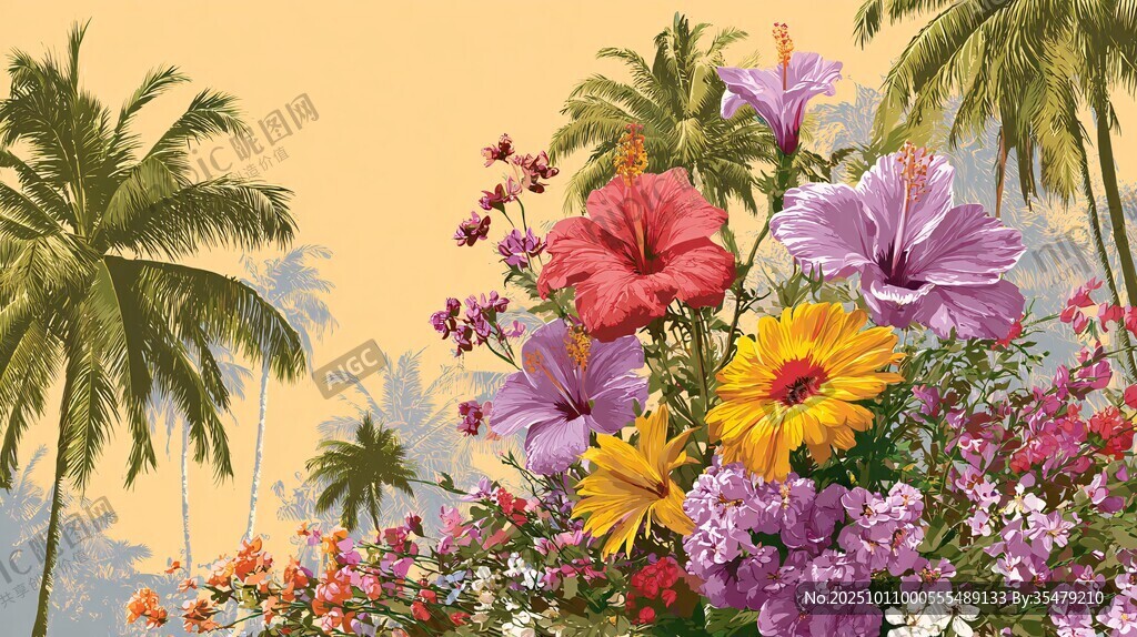 熱帶花卉與棕櫚樹美景