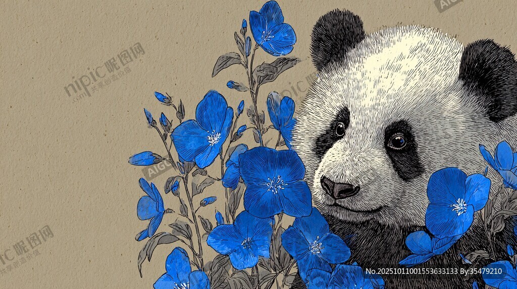 熊貓與藍(lán)花的溫馨畫面