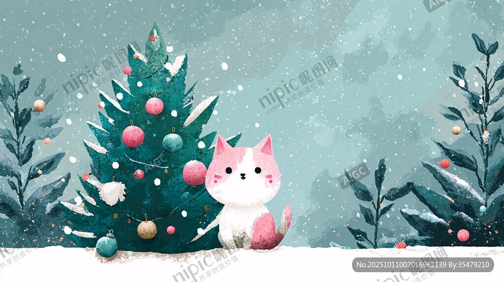 雪地中貓咪與圣誕樹