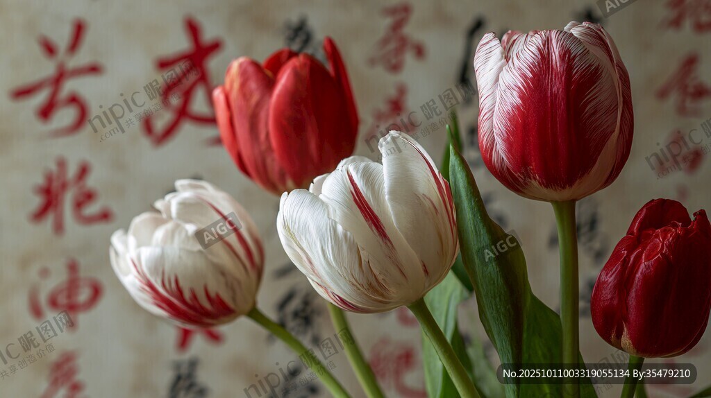 中式背景下的紅白郁金香