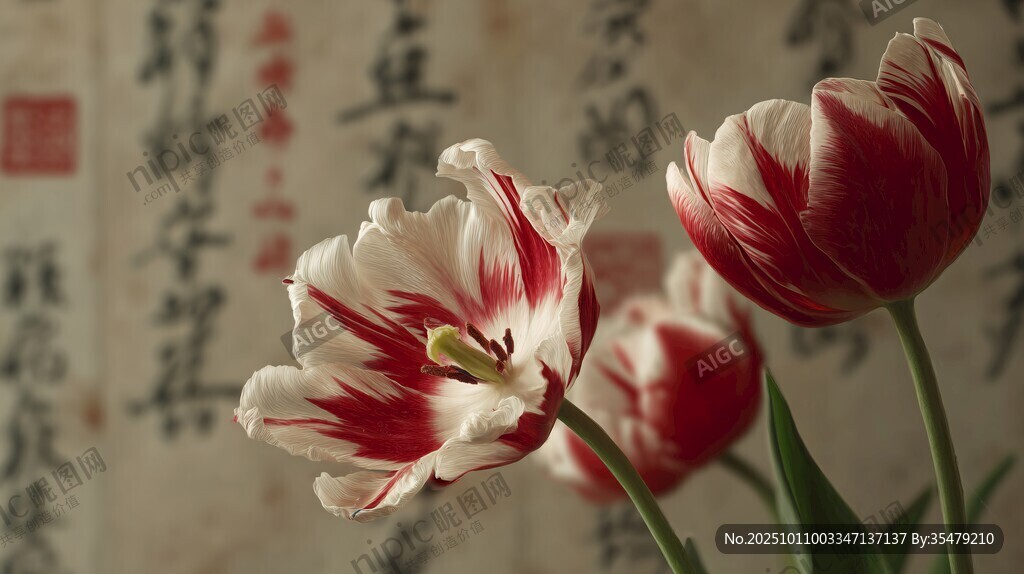 紅白郁金香與古風(fēng)背景
