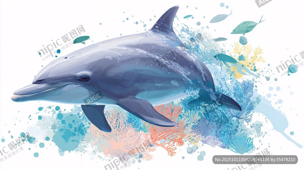 躍動的海豚水彩藝術插畫