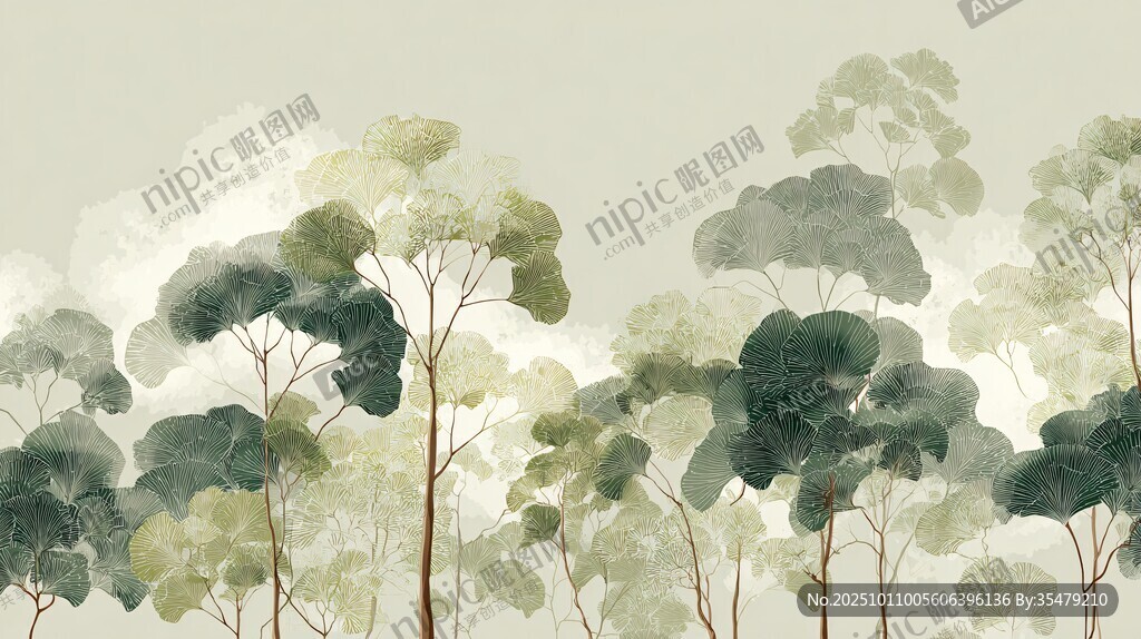 水墨風(fēng)樹林風(fēng)景插畫