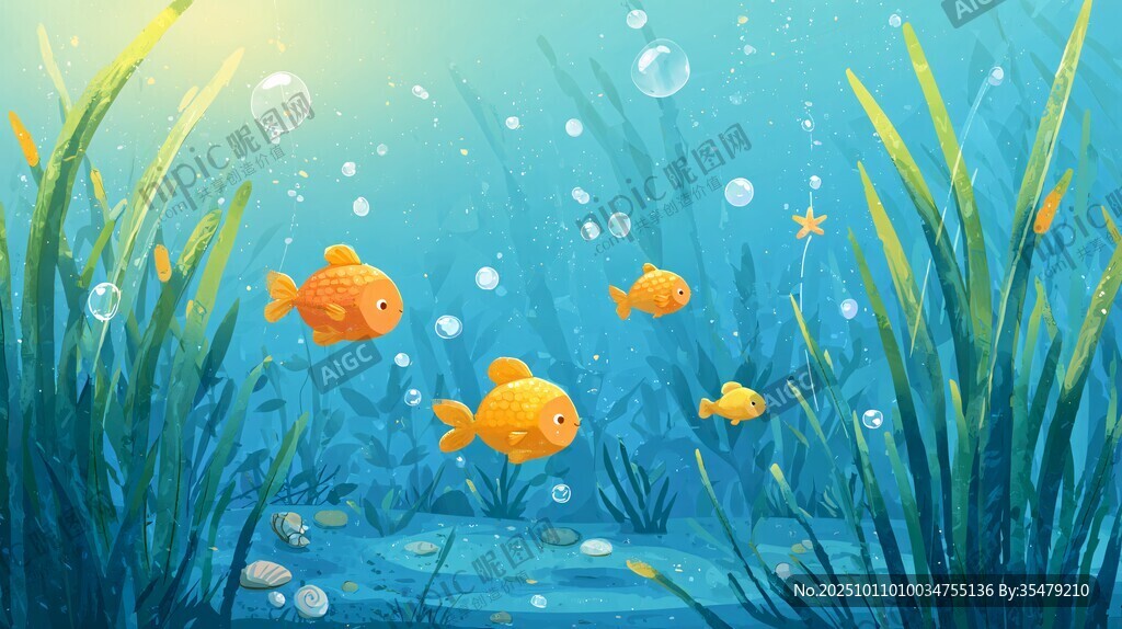 海底金魚暢游夢幻水草間