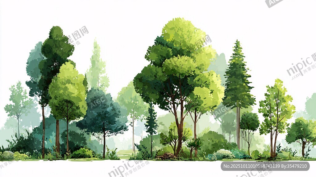 清新森林水彩風(fēng)景插畫