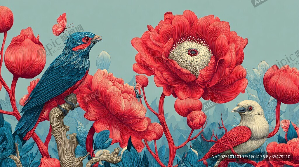 花鳥共繪奇幻艷麗花卉圖景