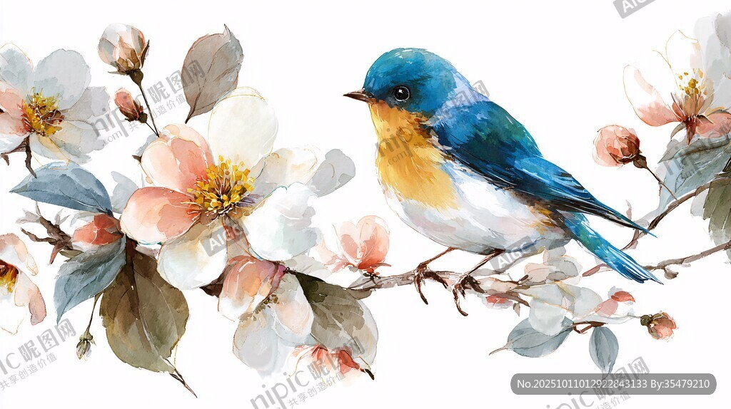 藍(lán)鳥棲繁花枝頭