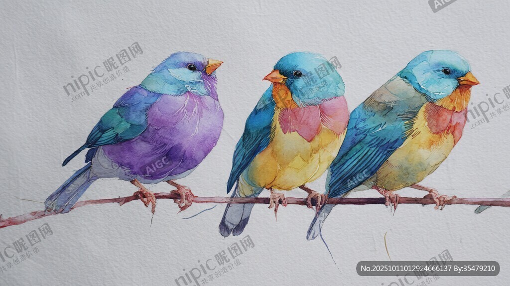 三只多彩鳥兒棲于枝頭