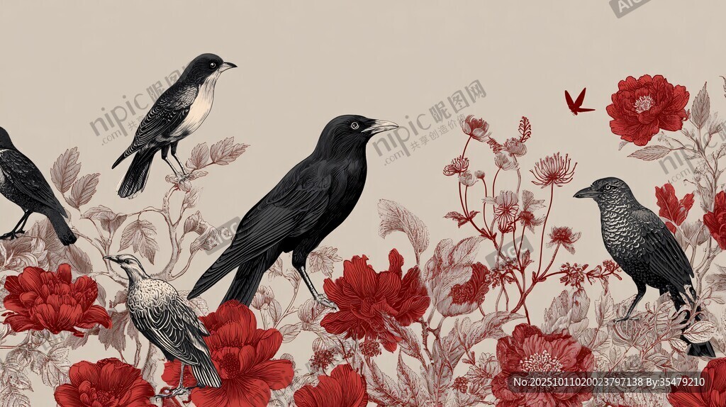 花鳥(niǎo)圖中眾鳥(niǎo)棲于繁花間