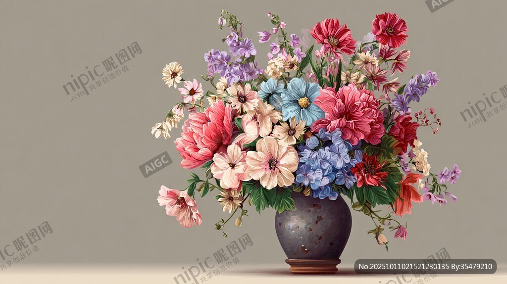 多彩花卉插于古樸花瓶中