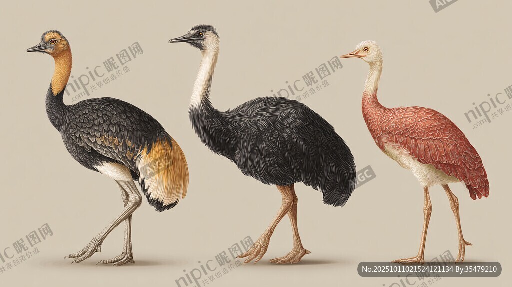 三只不同色彩鴕鳥(niǎo)姿態(tài)圖