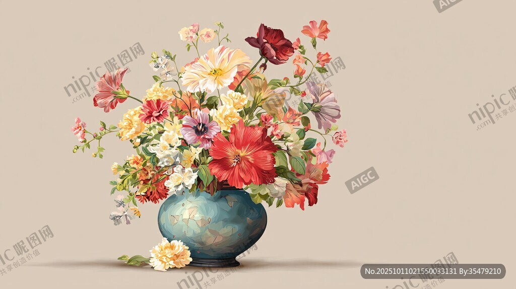 多彩花卉插于藍(lán)陶花瓶中