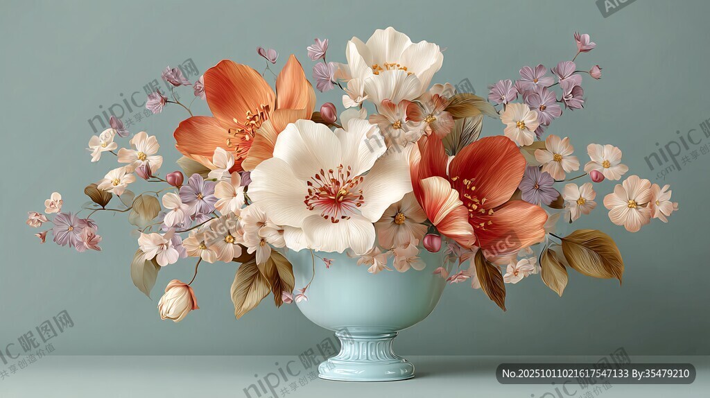 淡藍(lán)花瓶中的多彩花卉