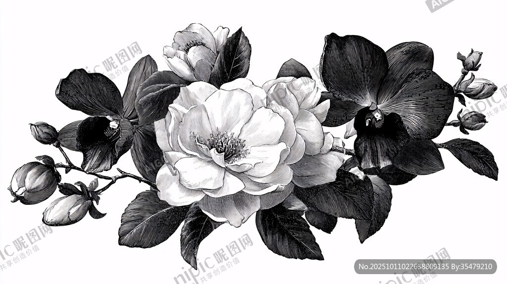 黑白花卉插畫 優(yōu)雅花簇