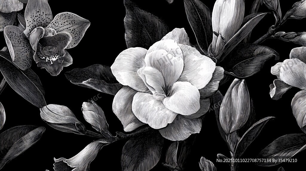 黑白花卉插畫中的優(yōu)雅綻放