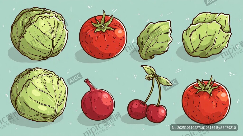 卡通蔬菜與櫻桃插畫