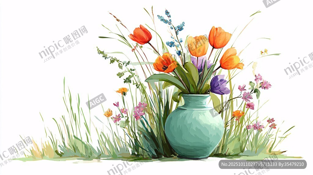 花瓶中的多彩野花插畫