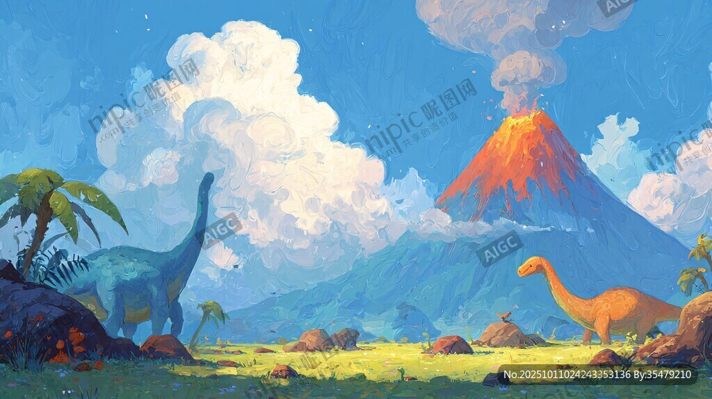 恐龍在火山旁的奇幻場景
