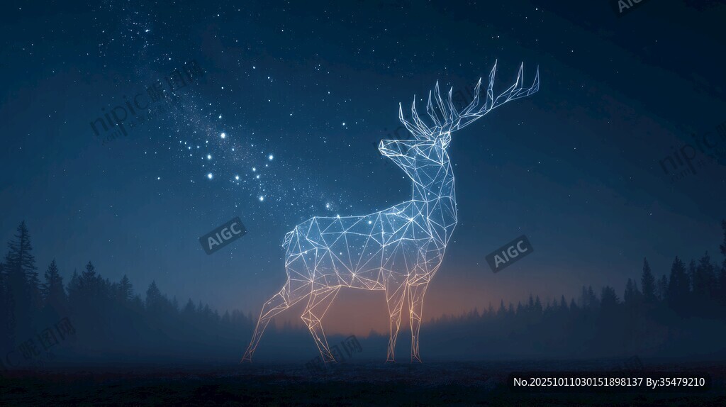 夢幻星空下的線條麋鹿
