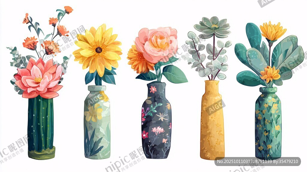 多彩花瓶插滿絢麗花卉