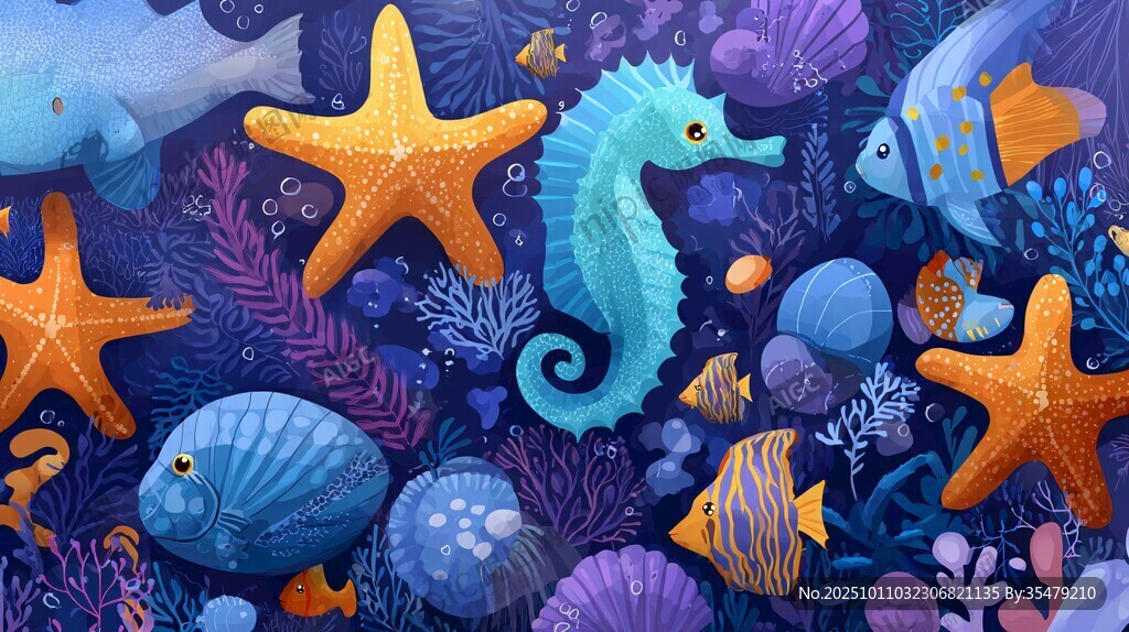 夢幻海底生物插畫場景
