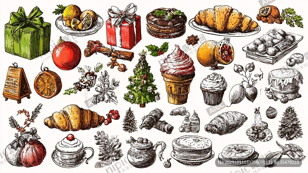 圣誕主題手繪美食與裝飾