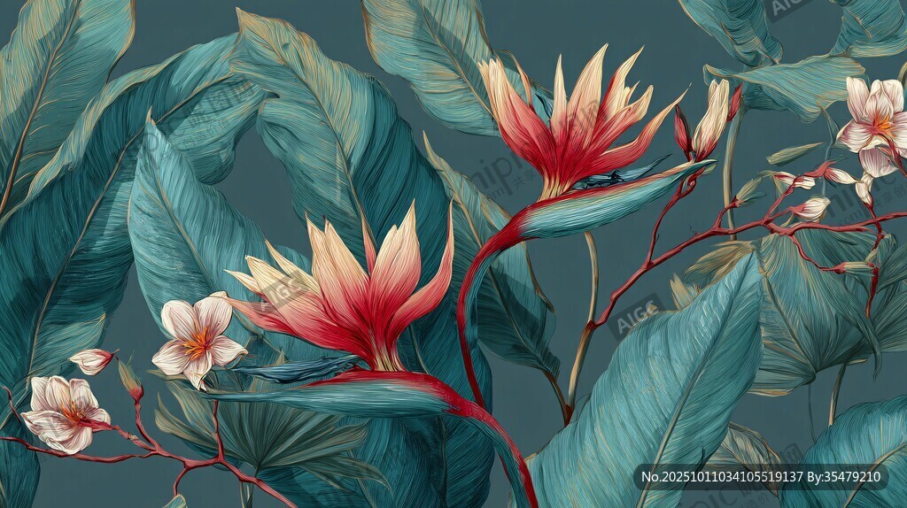 熱帶花卉與繁茂綠葉圖景