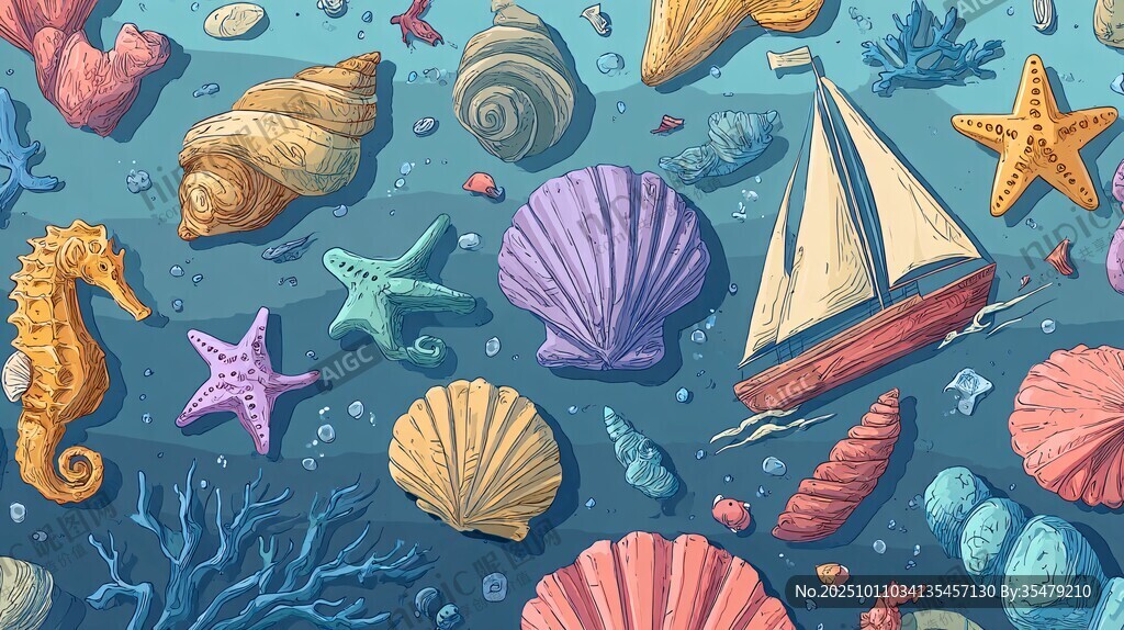 海底貝殼與海洋生物插畫