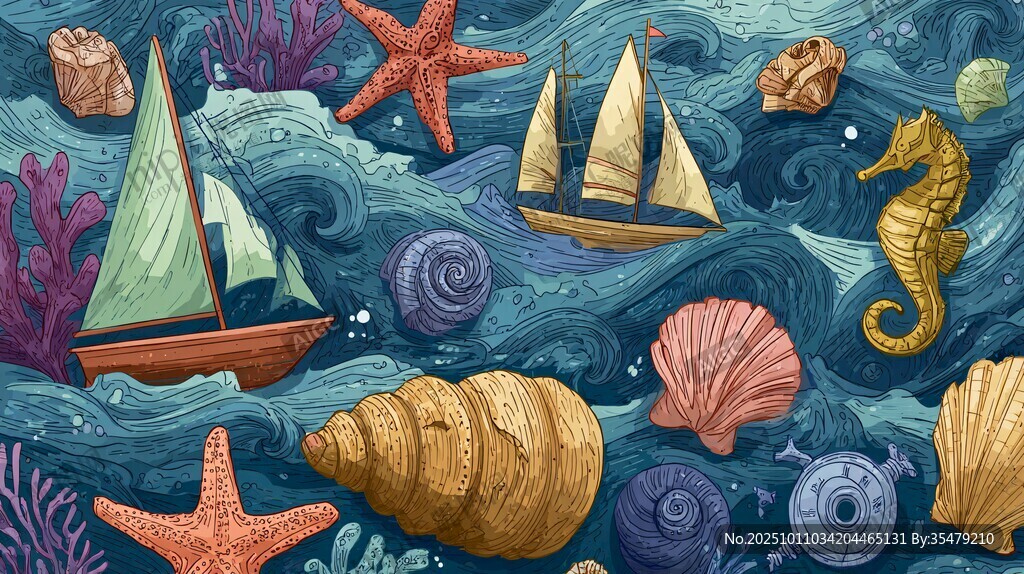 海洋元素插畫(huà) 帆船貝殼海星