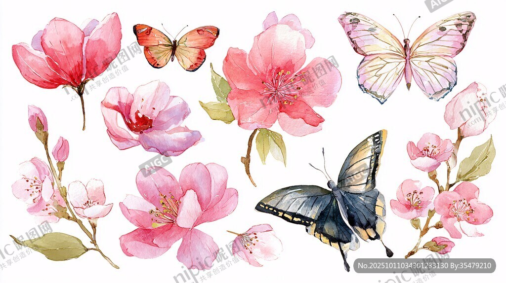 水彩花卉與蝴蝶插畫(huà)素材