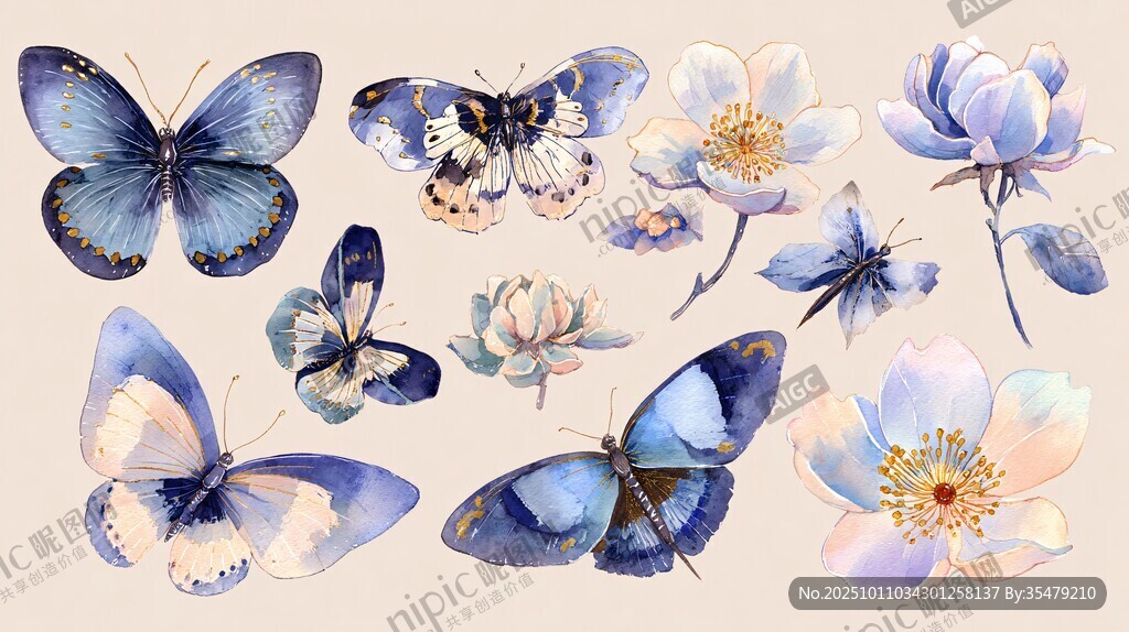 藍(lán)調(diào)蝴蝶與花朵水彩插畫