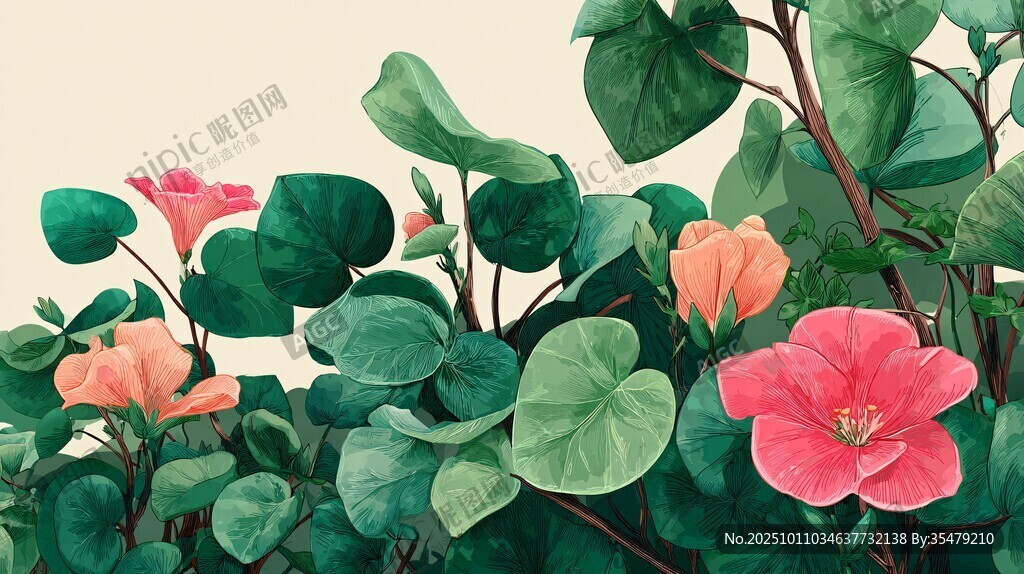 繽紛花卉與綠葉的美麗景致